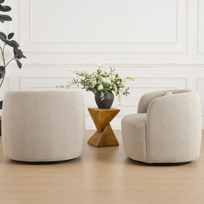 KINWELL 34" Wide Sherpa Swivel Barrel Chairs Set of 2, No Assembly Round Boucle Upholstered Accent Chairs Armchairs Single Sofa Chair with Toss Pillow for Living Room and Bedroom, Taupe
