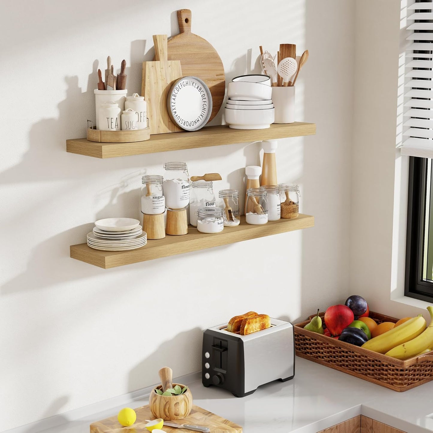 36 Inch Floating Shelves, 8 Inch Deep Floating Shelves for Wall, Hanging Shelf with Invisible Brackets, Deep Shelves for Bathroom, Bedroom, Living Room, Oak, Set of 2