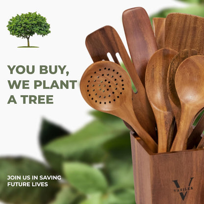 Vasilek Wooden Cooking Utensils Set – 12-Piece Acacia Wood Kitchen Utensil Set with Square Holder & Spoon Rest, Non Toxic Wooden Tools for Nonstick Cookware, Spatula, Ladle, Serving Spoon