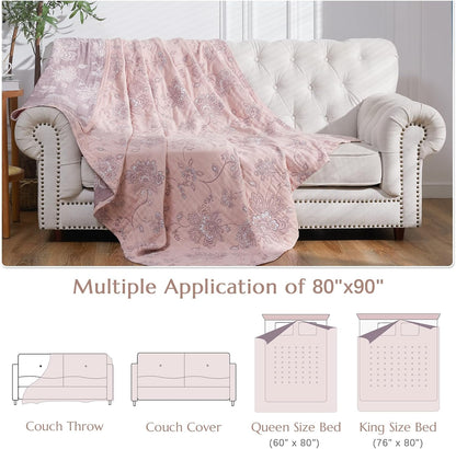 jinchan Boho 100% Cotton Muslin Queen Size 80x90 Inches Blanket Lightweight 4-Layer Quilted Soft Pink Multi Floral Throw Blanket Reversible Comfy Flower Rustic All Seasons Couch Bedroom Decor