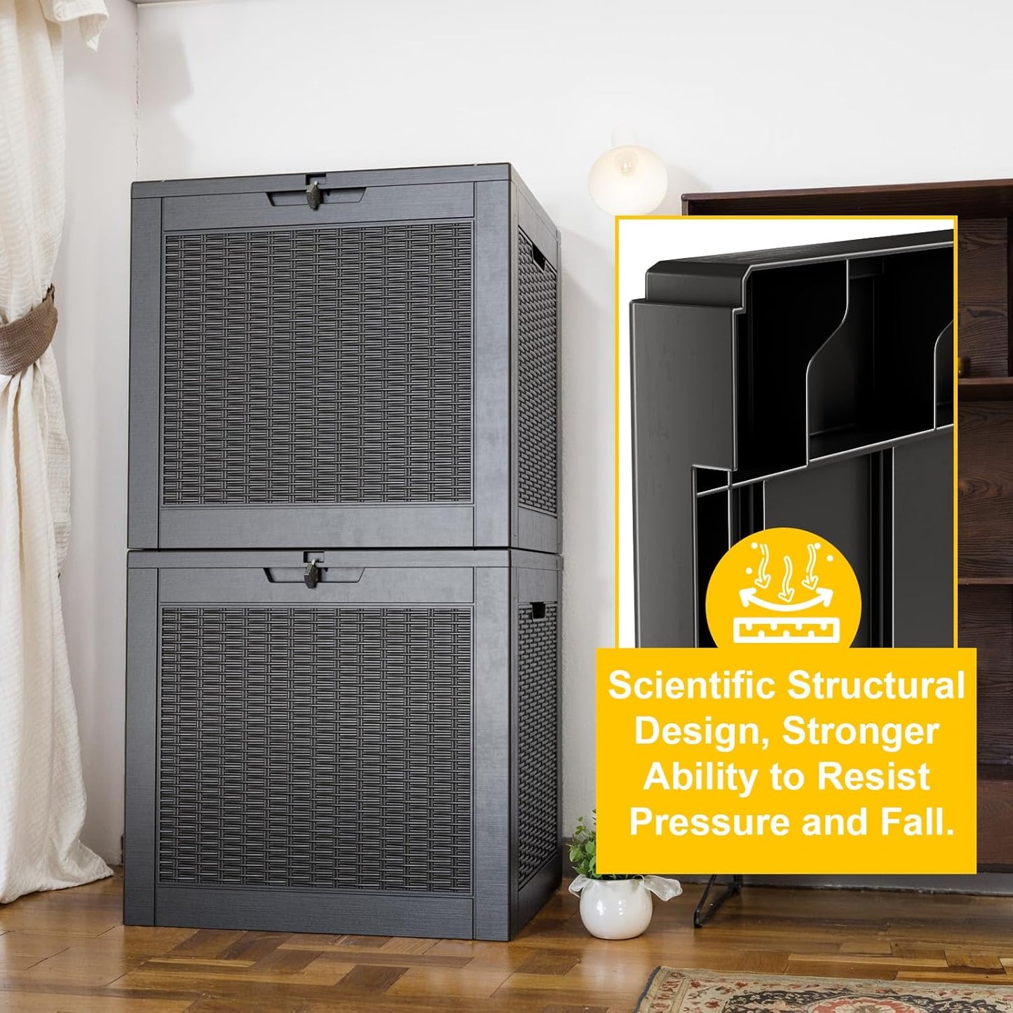 36 Gallon Outdoor Deck Box,Storage Lockable Waterproof Patio Furniture,Garden Tools,Cushions,Pool Accessories Outside Storage Resin Box(Black Pattern)