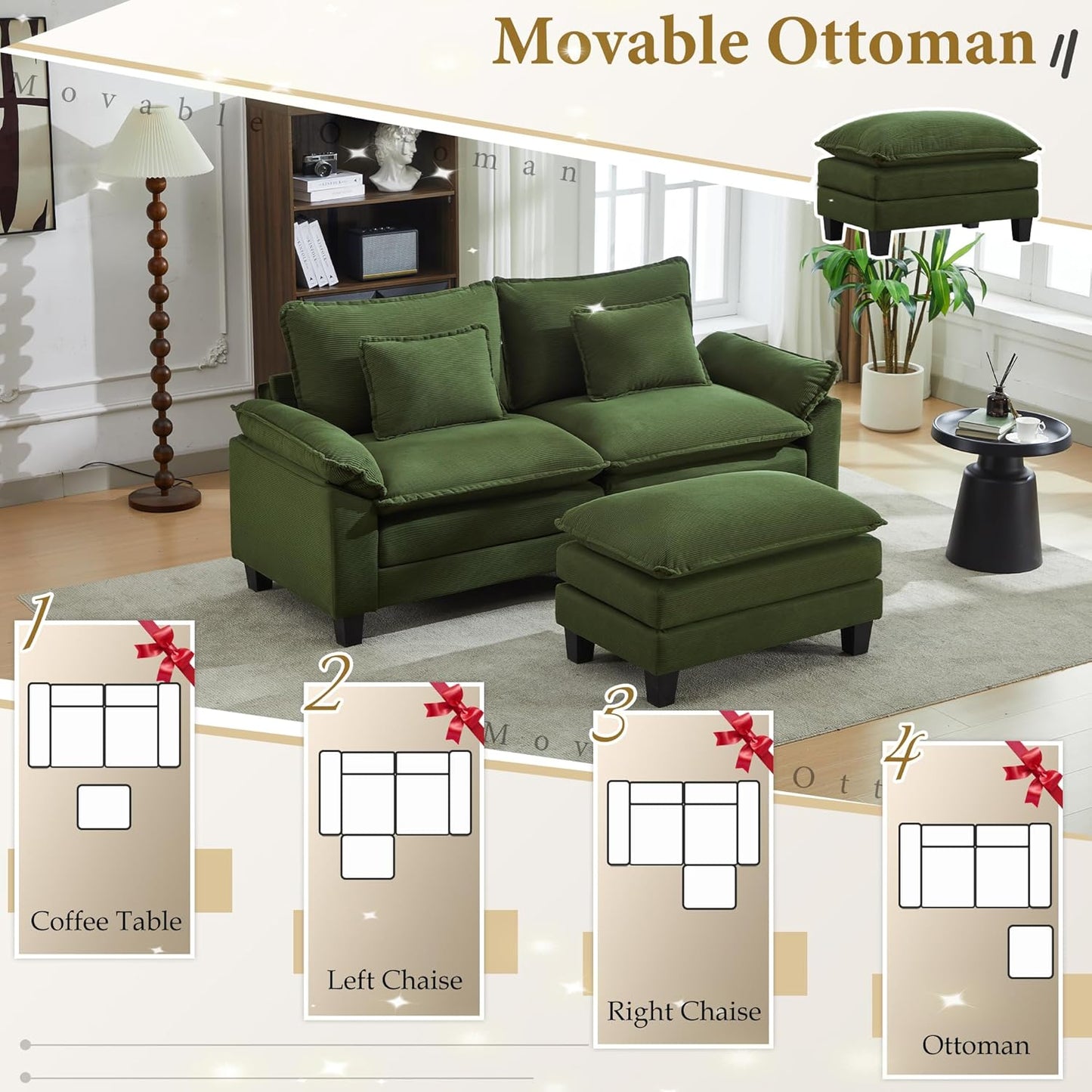 URRED Modular Sectional Sofa Comfy Cloud Couch, Modern Corduroy Sofa Sleeper Deep Seat Couches with Ottoman/Pillows for Living Room (Green, 82.6''- L Shape)