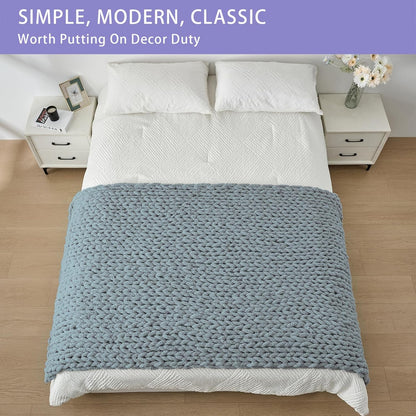 Bigacogo Chunky Knit Throw Blanket for Couch, 40x80 inches, 100% Hand Knitted with Thick Jumbo Chenille Yarn, Cozy Soft Large Rope Knot Cable Crochet Blankets for Sofa Bed Living Room, Dusty Blue