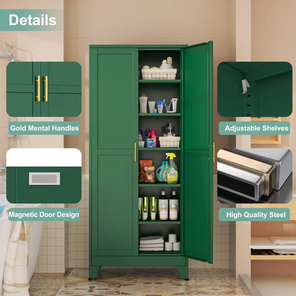 Metal Pantry Cabinet with 2 Doors and 5 Adjustable Shelves, 75" Kitchen Storage Cabinet with Gold Handles, Versatile Storage for Laundry, Living, Bathroom, Dining, Utility Room - Green