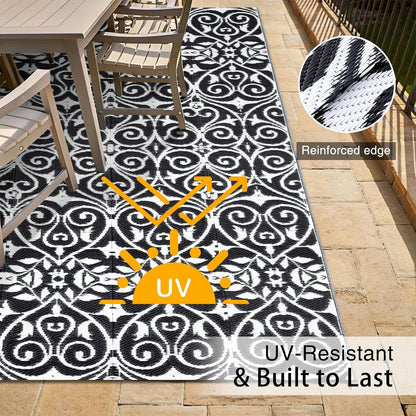 OLANLY Outdoor Rug Waterproof 5x8 ft Clearance, Reversible Outdoor Plastic Straw Rug with Floral Pattern, RV Mat for Patio, Camping, Balcony, Deck, Backyard, Black & White