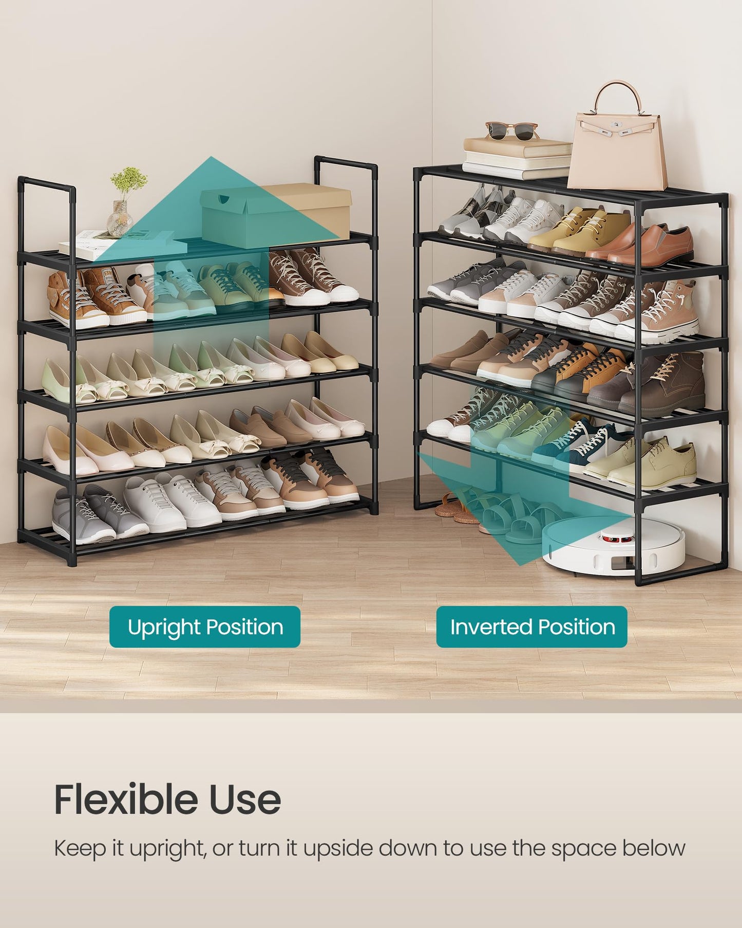 SONGMICS Shoe Rack, 5-Tier Shoe Organizer, Metal Storage Shelf, Upright or Upside Down, for 20-25