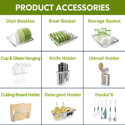 2 Tier Extra Large Stainless Steel Expandable Over The Sink Dish Drainer Drying Rack, Rust Proof Metal, Space Saving, Modern Silver Big Capacity Extendable Plate Strainers Above Kitchen Counter