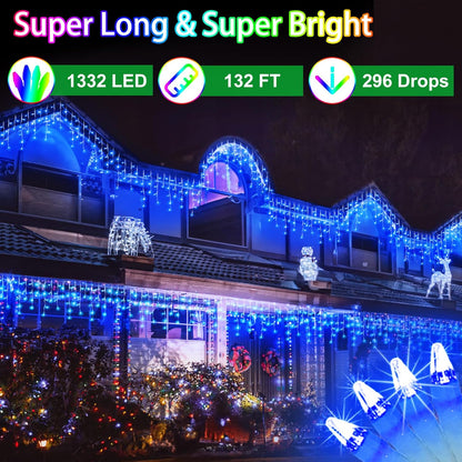 132FT 1332 LED Outdoor Christmas Lights - 296 Ice Drops, 12 Pro Modes with Timer Memory & Brightness, Waterproof Hanging Ice String Light for Holiday Wedding Garden Fence House Decor (Blue)