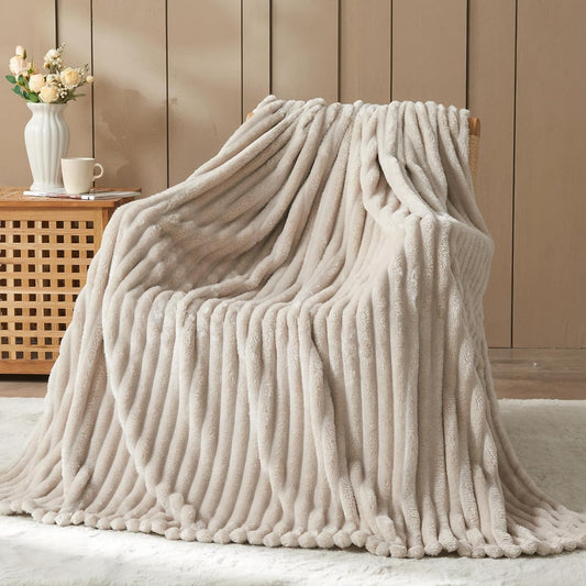 NEWCOSPLAY Super Soft Throw Blanket Linen Premium Silky Flannel Fleece 3D Ribbed Jacquard Lightweight Bed Blanket All Season Use (Linen Ribbed, Throw(50"x60"))