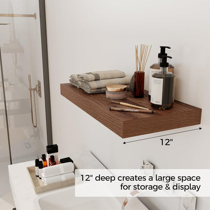 12 Inch Deep Floating Shelves, 24 x 12 Floating Shelf for Books, Rustic Wood Deep Wall Shelves for Home Storage & Display, 2" Thicked Shelves for Kitchen, Living Room, Bedroom, Walnut Color, 2 Pack