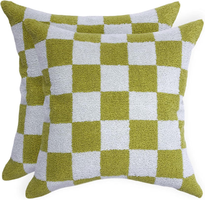 Alysheer Checkered Embroidered Decorative Throw Pillow Covers 18"x 18" Set of 2, Farmhouse Cottage Blue Green Designer Plaid Patterned Cotton Accent Cushion Case for Sofa Couch Bed Living Room