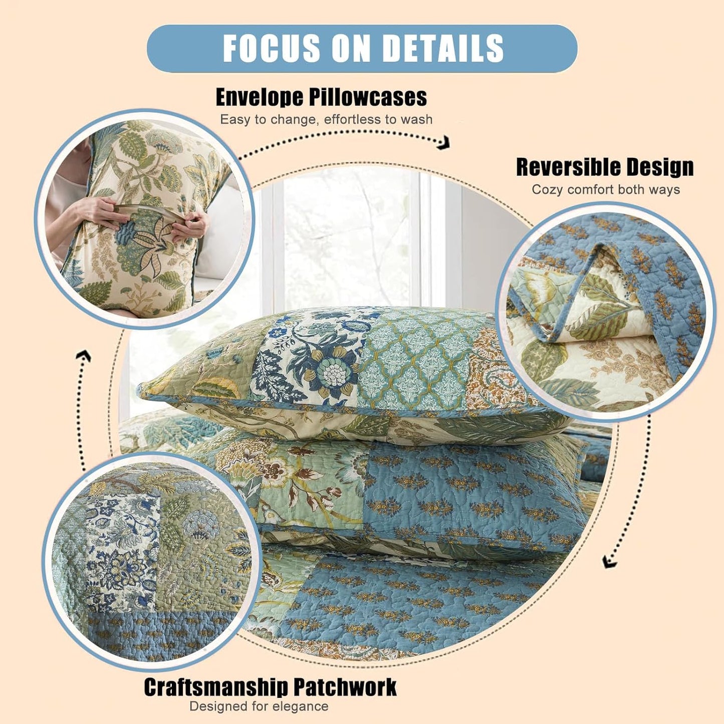 NEWLAKE Quilt Set King Size, 100% Cotton Patchwork Green Bohemian Quilt Sets, Reversible Bedspread Lightweight and Breathable for All Seasons, Soft Quilted Bedspread with 2 Pillow Shams