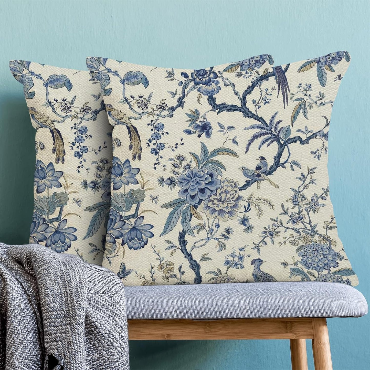 CXMEIFLY Spring Floral Birds Pillow Covers 24 x 24 Inch Set of 2 for Chinoiserie Flowers Decor Throw Pillows Blue and White Plant Outdoor Decorative Cushion Cases for Couch Bed Decorations
