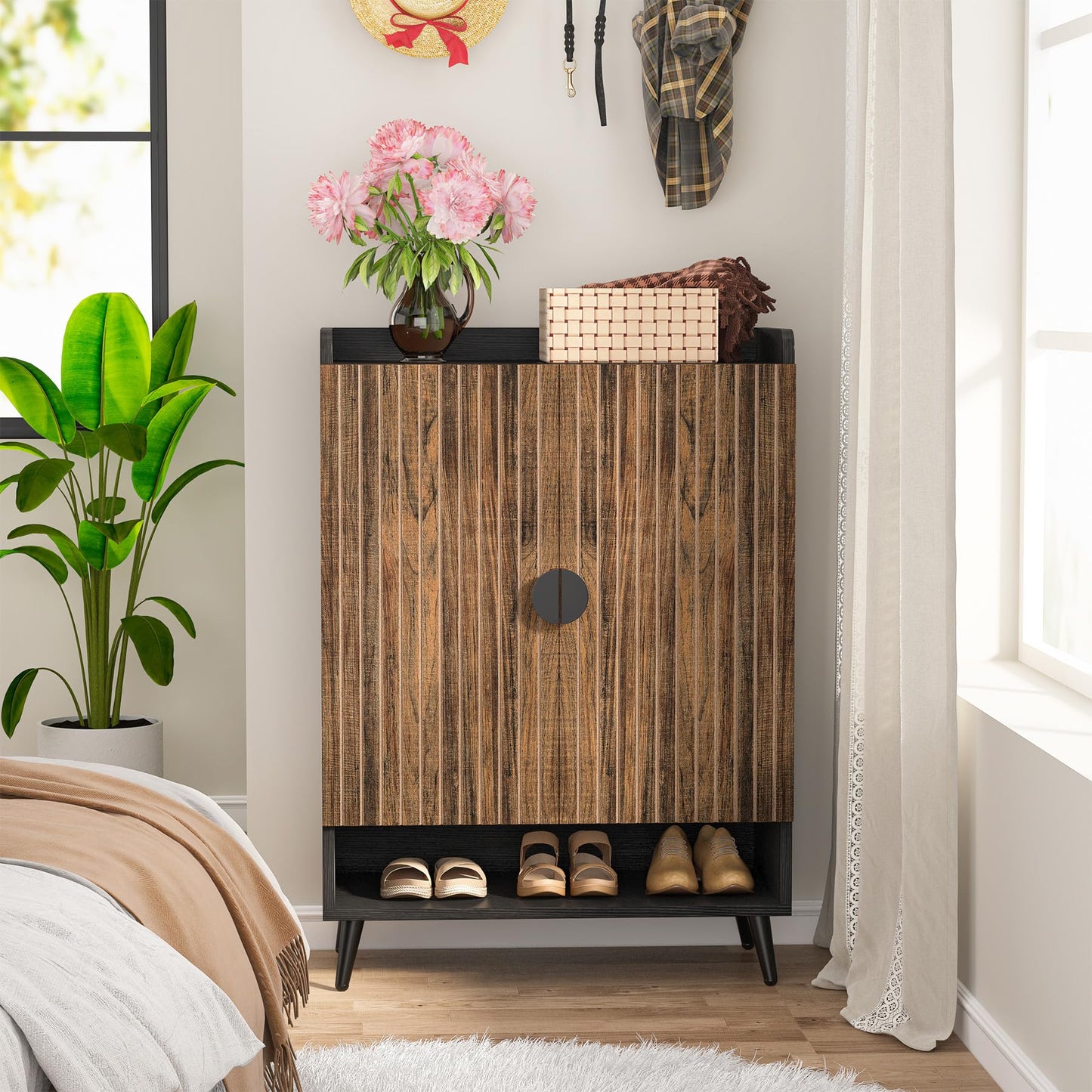 Tribesigns Shoe Cabinet with Doors, 7-Tier Shoe Storage Cabinet with Adjustable Shelves, Wooden