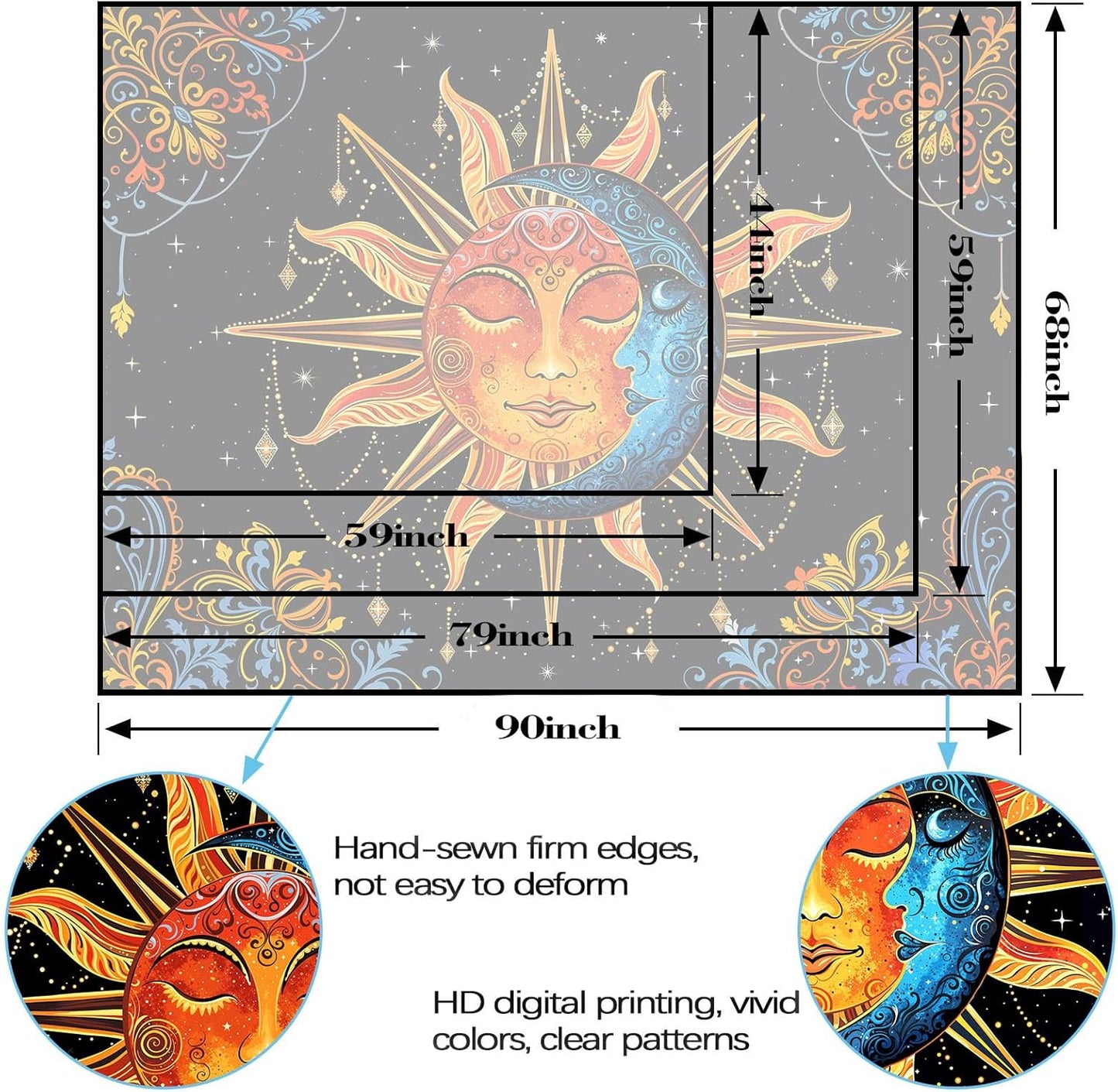 Lunerfex Sun and Moon Tapestry Mandala Wall Tapestry, Cute Tapestries for Bedroom Ceiling Tapestries Wall Hanging for Bedroom Living Room Decor Sun-1 44"x60"