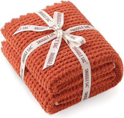 Snuggle Sac Orange Waffle Throw Blanket for Couch Bed Sofa 50x60 inches, Reversible Blanket Microfiber Fluffy Fuzzy Cozy Knit Soft Throws for Women Mothers Birthday Gifts