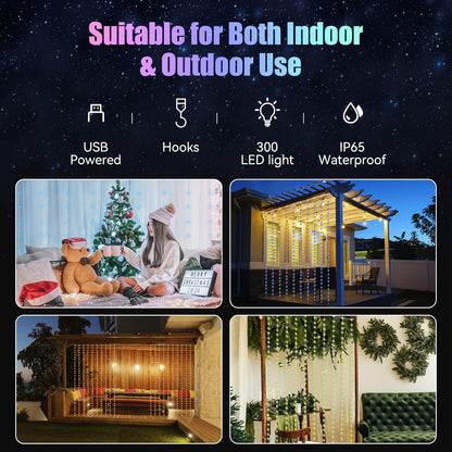 Dazzle Bright Window Curtain Fairy Lights, 300 LED RGB Color Changing Copper Fairy Lights with Remote, 4 Lighting Modes USB Powered Icicle Lights for Indoor Outdoor Wedding Party Xmas Decor