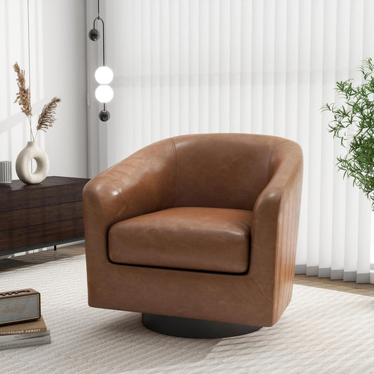 Swivel Barrel Accent Chair, Modern Round Faux Leather Arm Chair for Living Room, Bedroom, Comfy