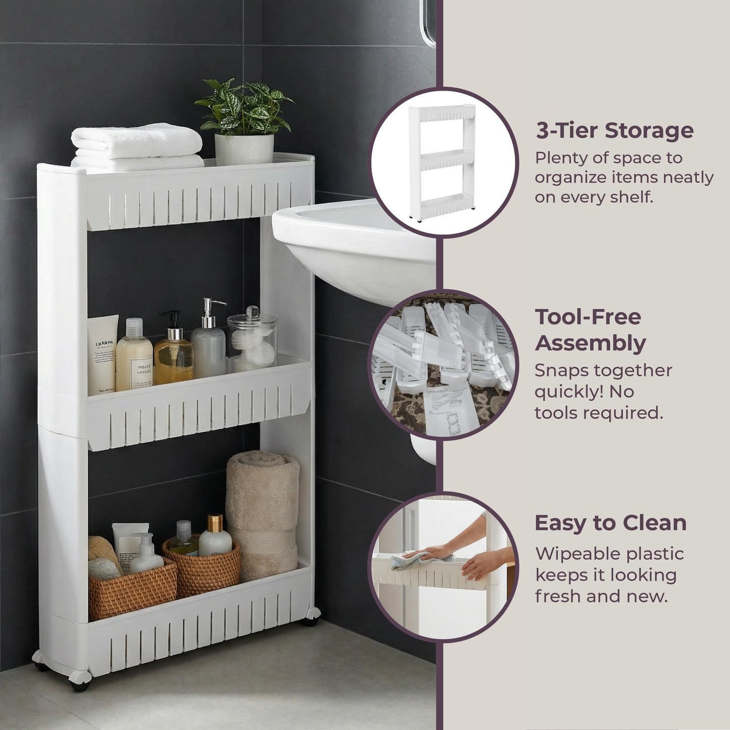 Lavish Home 3 Tier Shelf Rolling Cart - Narrow-Space Kitchen or Bathroom Shelf Organizer Cart