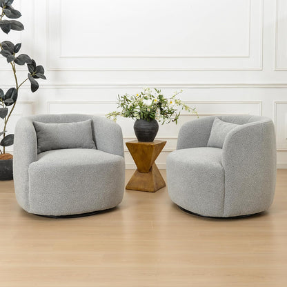 KINWELL 34" Wide Sherpa Swivel Barrel Chairs Set of 2, No Assembly Round Boucle Upholstered Accent Chairs Armchairs Single Sofa Chair with Toss Pillow for Living Room and Bedroom, Gray