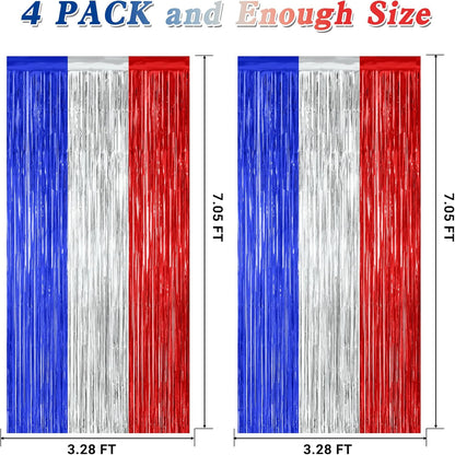 4 Pack 4th of July Decorations, 3.28 FT x 7.05 FT Independence Photo Backdrop, Metallic Blue Silver Red Backdrop Curtains Fringe Curtains Party Streamer, Patriotic Decor Fourth of July Party Supplies