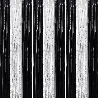 3 Pack 3.3 x 8.2 ft Black and Silver Foil Fringe Backdrop Curtains, Tinsel Streamers Party Decorations, Fringe Backdrop