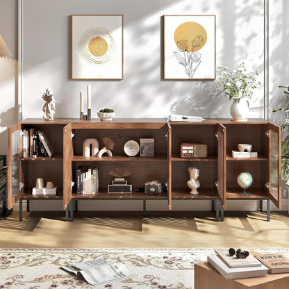 Farmhouse TV Stand for TVs up to 85 Inch, Entertainment Center TV Console with Storage Cabinets and Glass Doors,Media Console for Living Room, Brown