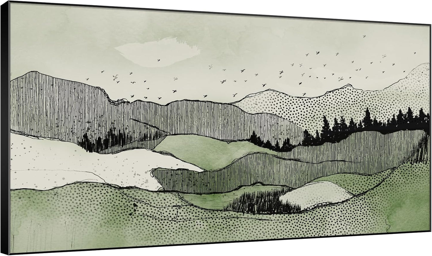 SIGNWIN 36"x60" Extra Large Framed Wall Art Green Line Art Mountain Landscape Illustration for Home Living Room Bedroom Decor (Frame Assembly Required)