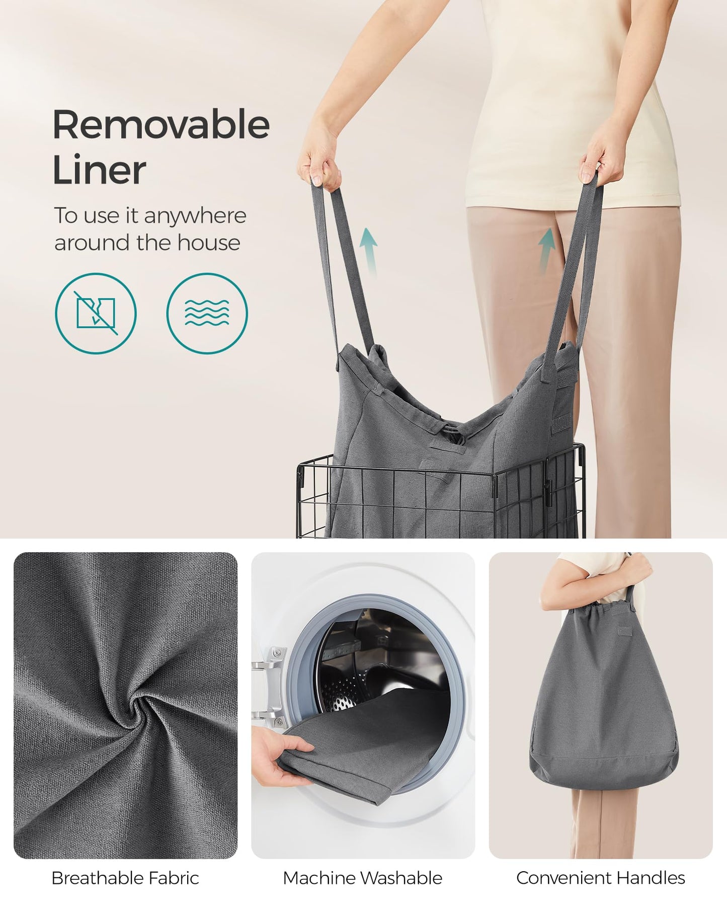 SONGMICS Laundry Hamper, 11 Gal. (50L) Laundry Basket, Collapsible Clothes Hamper, Removable and