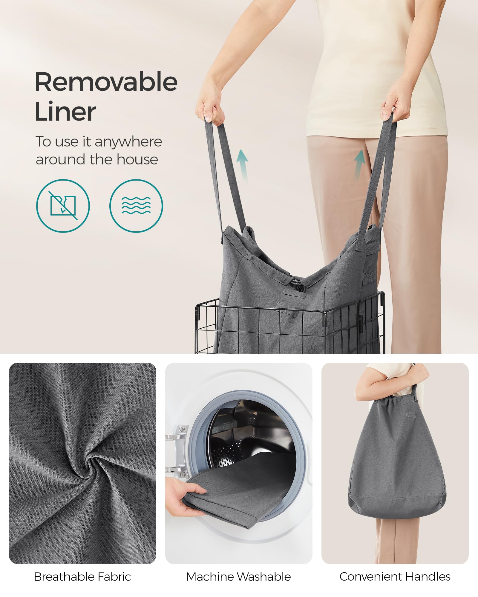 SONGMICS Laundry Hamper, 11 Gal. (50L) Laundry Basket, Collapsible Clothes Hamper, Removable and
