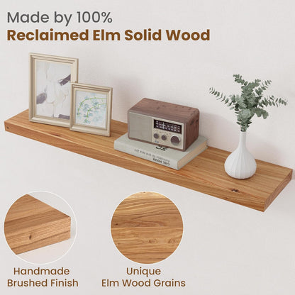 Floating Shelves for Wall Decor, 8" Deep Rustic Solid Elm Wood Floating Shelves Wall Mounted, Wall Shelves with Invisible Bracket for Living Room Bathroom Bedroom Kitchen, 36 Inch Set of 2, Natural