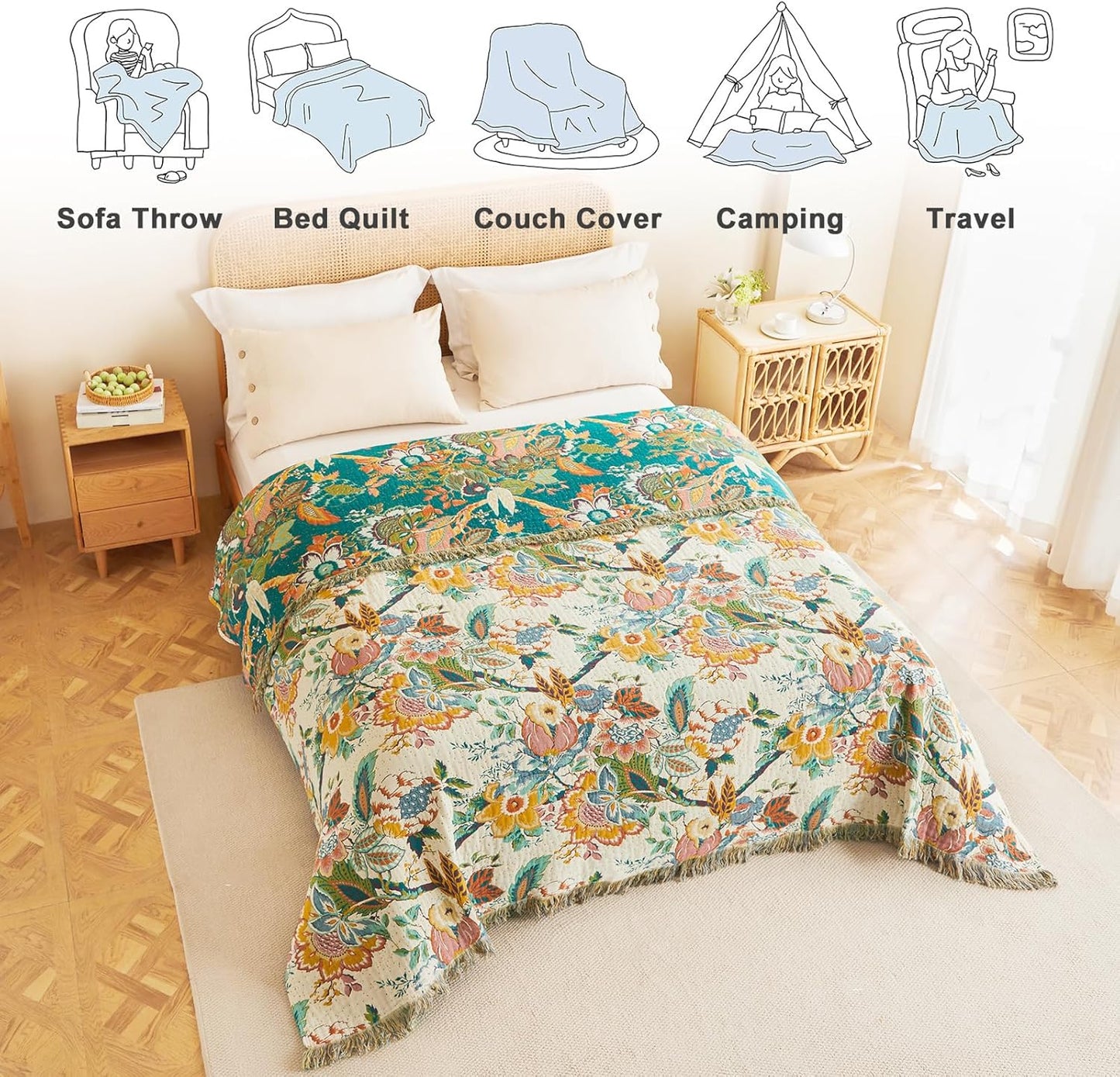 MSGKV Boho Throw Blanket for Couch Bed Chair 100% Cotton Muslin Breathable Vine Embroidery Blanket 50"x60" Sofa Blankets for All Seasons Lightweight Farmhouse Blankets Boho Home Decor