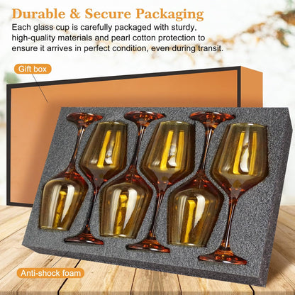 Amber Wine Glasses Set of 6-12oz Amber Long Stem Wine Glass Cups, Pretty Crystal Glassware, Hand Blown Goblets Drinkware, Unique Drinking Stemware Holiday Gift Set