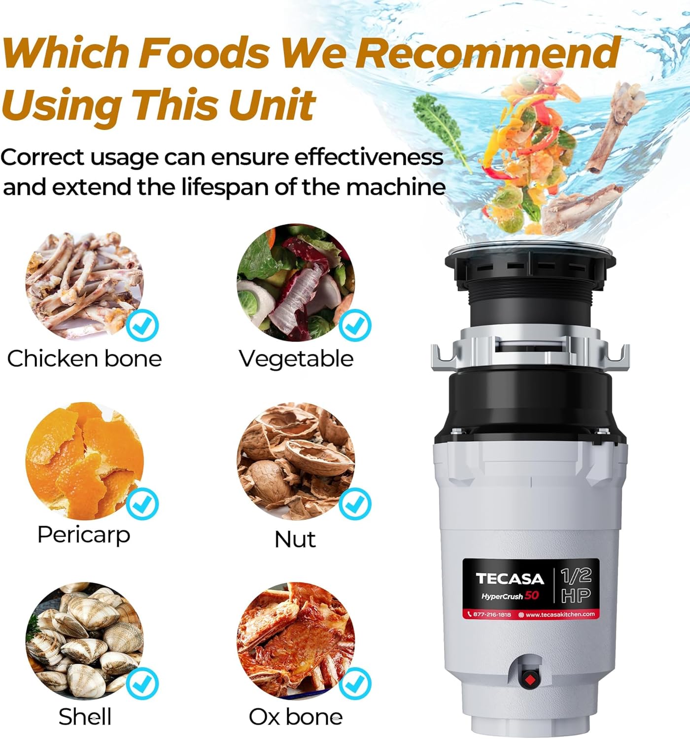 1/2 HP Garbage Disposals, TECASA Continuous Feed, Stainless Steel Food Waste Grinding System for Kitchen Sink Food Waste, Power Cord Included, UL Certified - HyperCrush 50