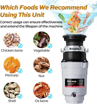 1/2 HP Garbage Disposals, TECASA Continuous Feed, Stainless Steel Food Waste Grinding System for Kitchen Sink Food Waste, Power Cord Included, UL Certified - HyperCrush 50