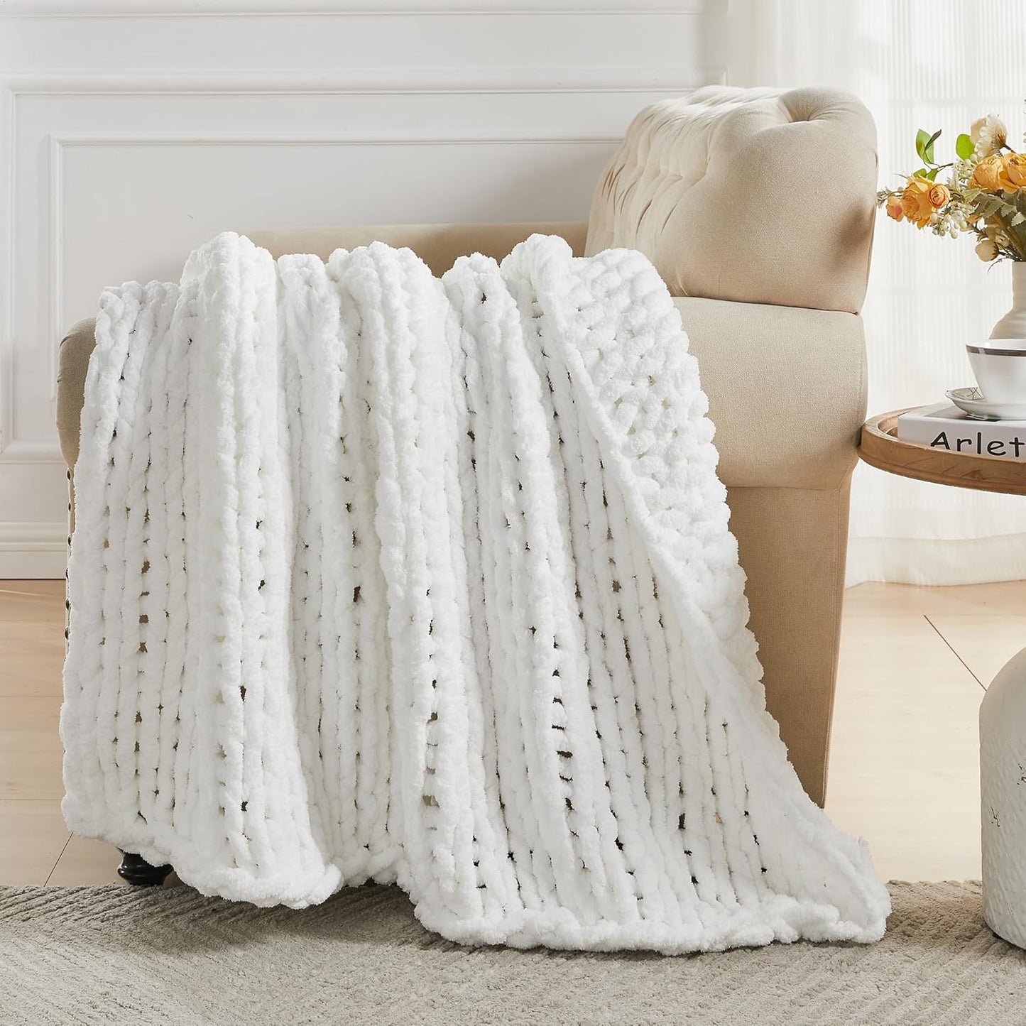 Carriediosa Chunky Knit Throw Blanket 50" X 60", 100% Hand Made Large Chenille Loop Yarn Soft Fluffy Throws for Couch Sofa Bed, Big Crochet Cozy Heavy Thick Cable Woven Blankets, Snow White