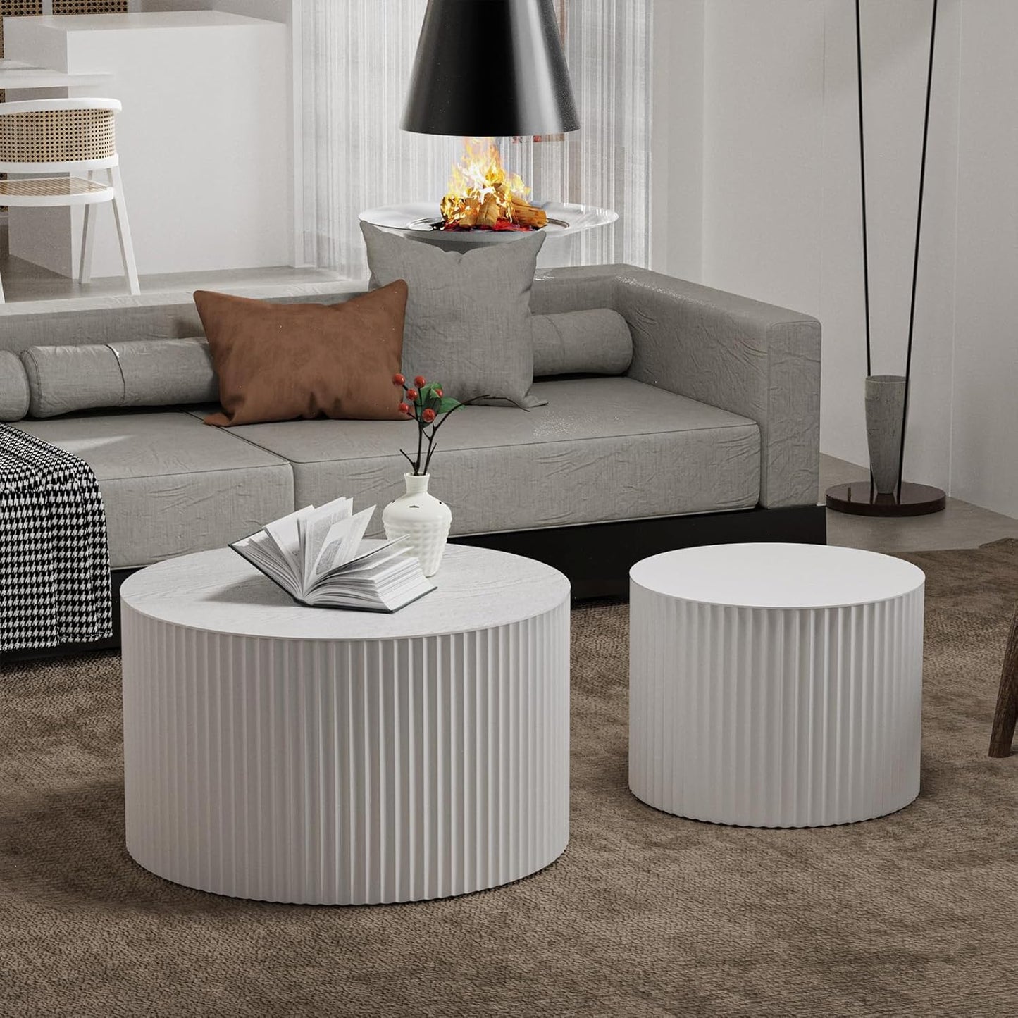 Round Nesting Coffee Table Set of 2 Handcraft Circle Fluted Nesting Coffee Tables Circular Side Table Drum Accent End Tables for Living Room Bedroom (White A Small)