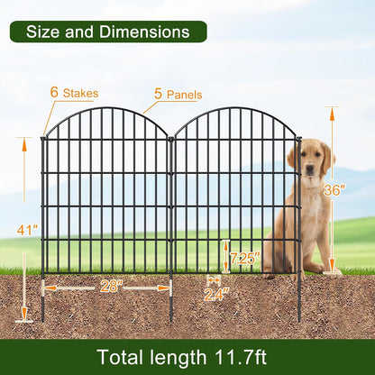 Metal Garden Fence 36in (H) x 11.7ft (L), 5 Panels +6 Stakes Dog Fence Border Fence Animal Barrier, No Dig Garden Fencing for Yard Flower Bed Lawn Patio Outdoor,CTW3605 Black