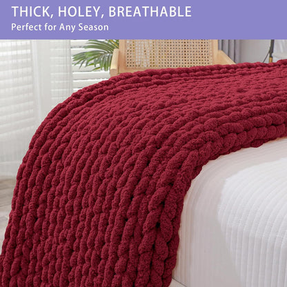 Bigacogo Chunky Knit Throw Blanket for Couch, 51x63 inches, 100% Hand Knitted with Thick Jumbo Chenille Yarn, Cozy Soft Large Rope Knot Cable Crochet Blankets for Sofa Bed Living Room, Red