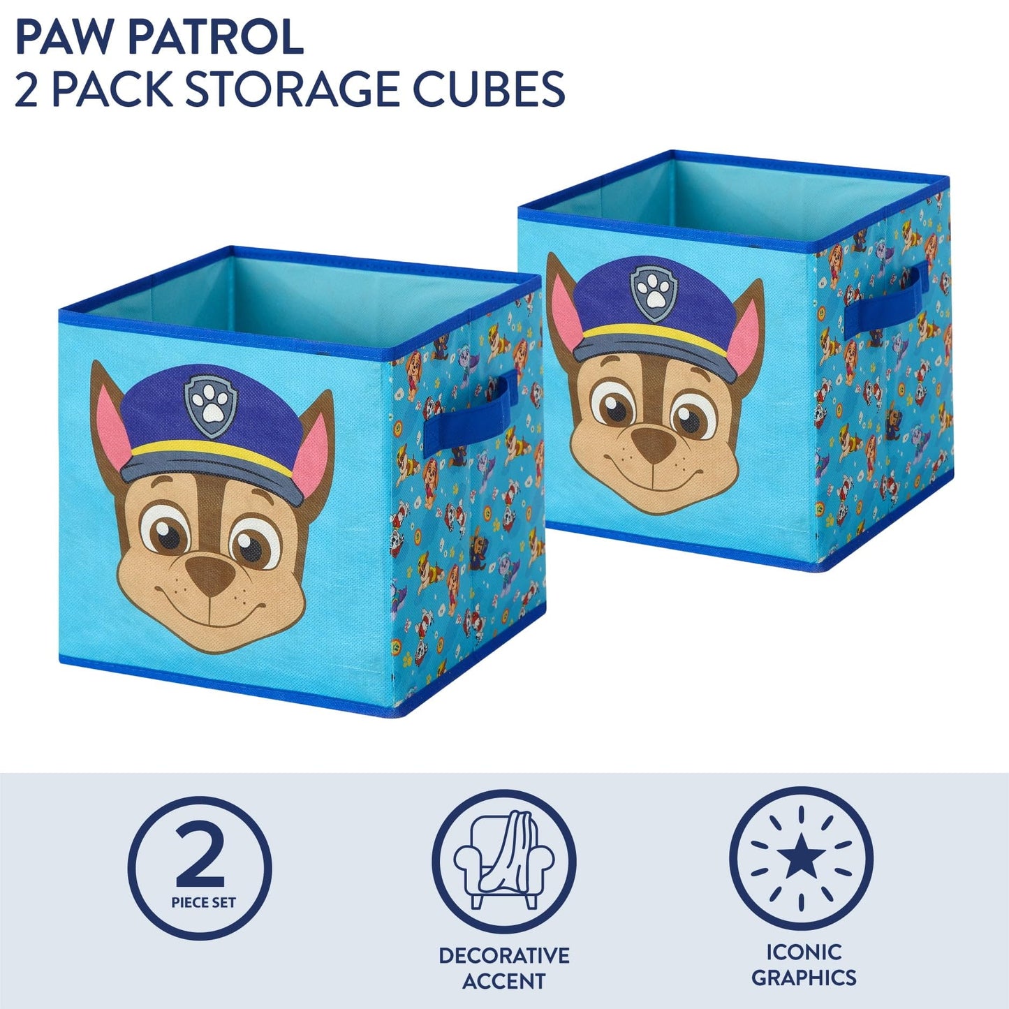 Nickelodeon Paw Patrol Kids Storage Cubes, 2 Pack Foldable Fabric Bins with Handles, Collapsible