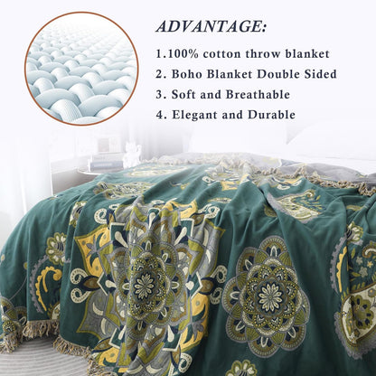Snycler Boho Throw Blanket for Bed - 100% Cotton Ultra Soft Rustic Quilt - Green Boho Floral Printed Farmhouse Decor Bed Blankets, 80"×90" All Season Rustic Throw for Sofa Couch Chair