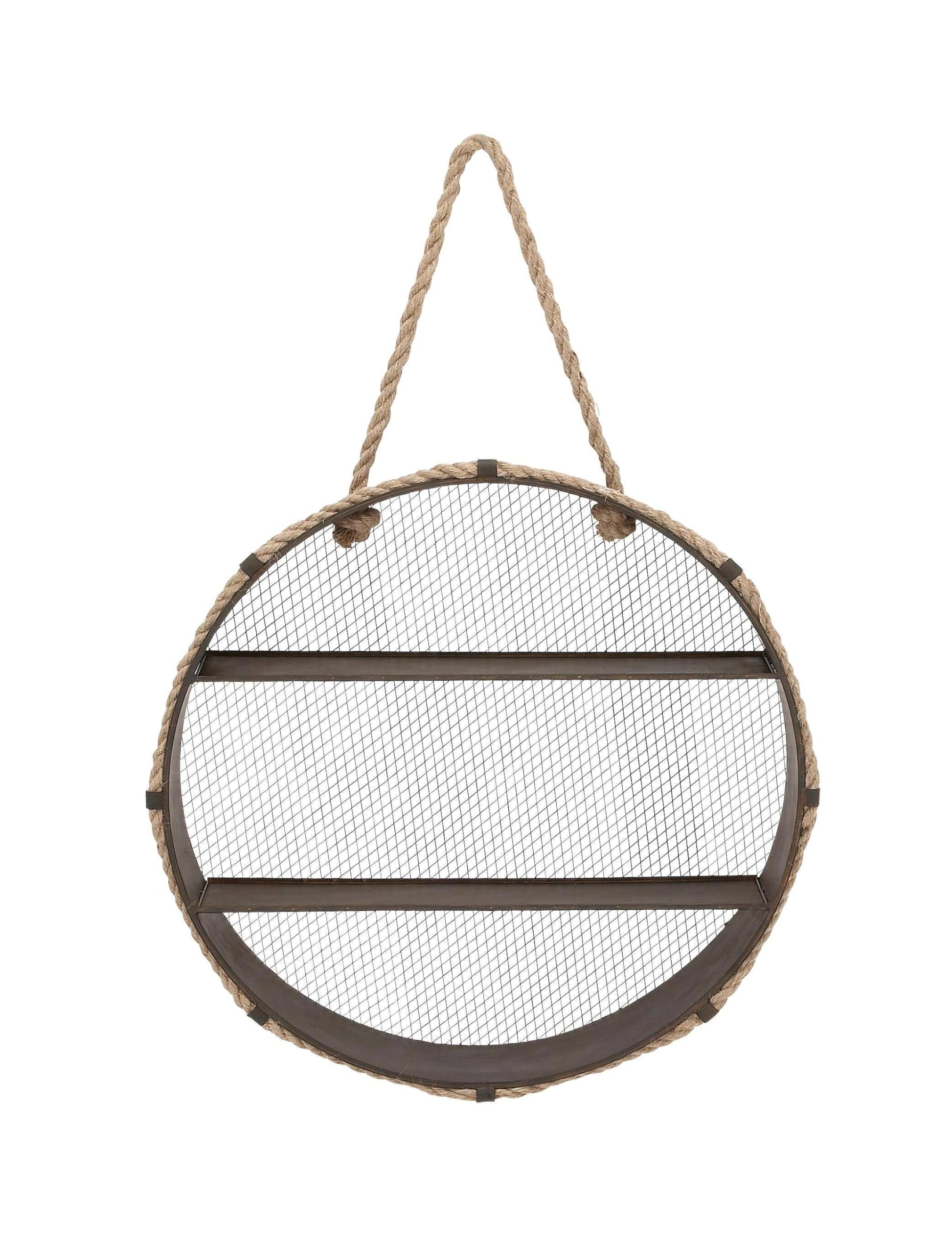 Deco 79 Metal Round 2 Shelves Wall Shelf with Hanging Rope, 24" x 6" x 24", Black