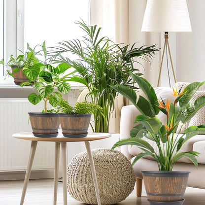 10-inch-Plant-Pots-Indoor-Outdoor, 4 Pack Whiskey Barrel Planters with Drainage Holes & Saucer, Plastic Flower Pots Imitation Wine Barrel Design, Decorative Garden Pots for Plants