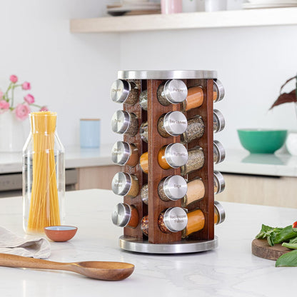 Orii 20 Jar Dark Acacia Wood Spice Rack with Spices Included - Rotating Tower Organizer for Kitchen Spices and Seasonings, (Dark Stained Acacia Wood)
