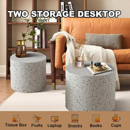 Round Nesting Coffee Table Set of 2 Modern Wooden Drum Coffee Table and End Table Sets Small Side Tables Circle Accent Center Tables for Living Room Apartment,No Assembly,Terrazzo