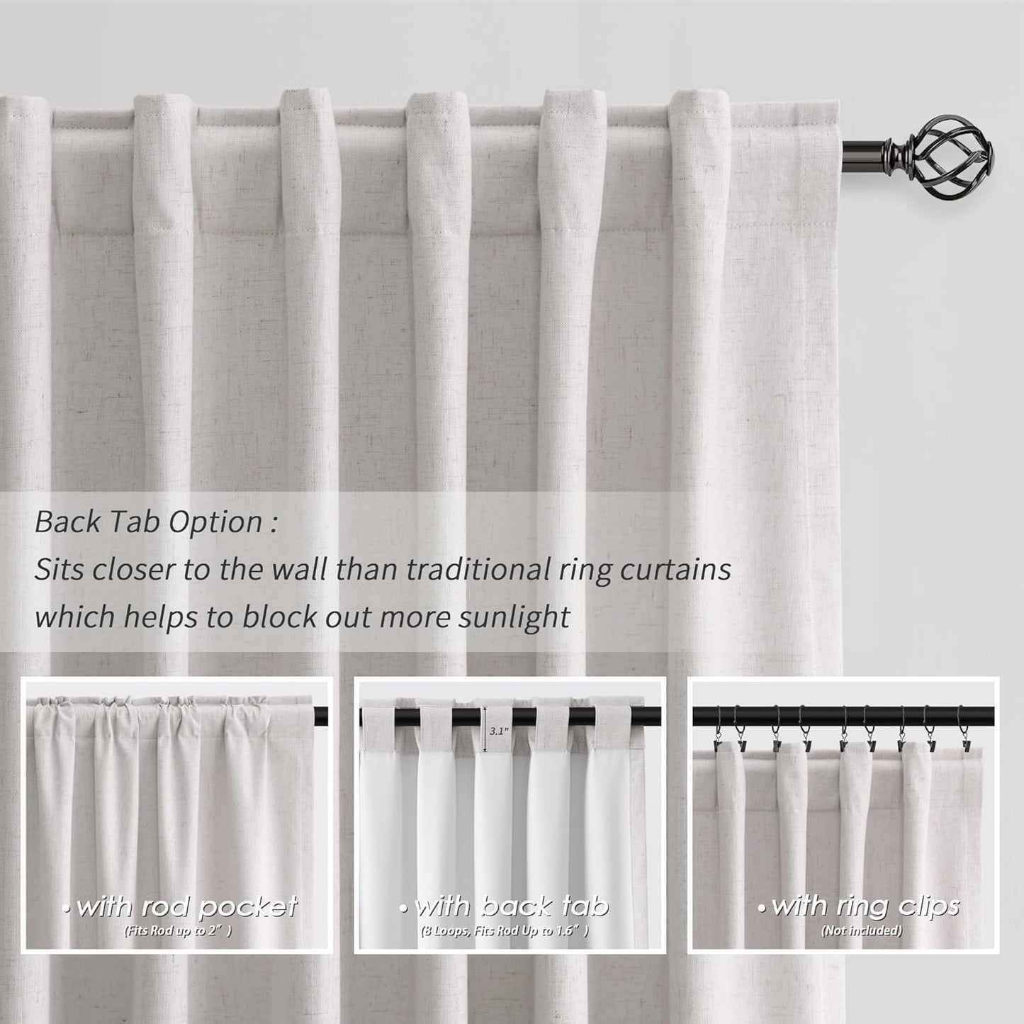 BOODII 108 Inch Black Out Curtains 2 Panels Set Back Tab Thermal Insulated Natural Linen Textured Blackout Curtains Noise Reducing Champagne Neutral Living Room Darkening Window Drapes Pleated 52x108