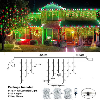 Icicle Lights for Outside, 33FT 400 LED Christmas Lights Outdoor with Waterproof 8 Modes, Plug in Connectable String Twinkle Light for Indoor Roof Window Garden Fence Party Decorations, Red Green