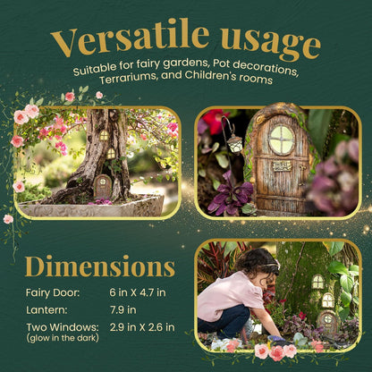 Fairy Door and Windows – Glow in The Dark Yard Art Sculpture Decoration for Kids Room, Wall and Trees Outdoor | Miniature Garden Outdoor Decor Accessories with Bonus Fairy Lantern