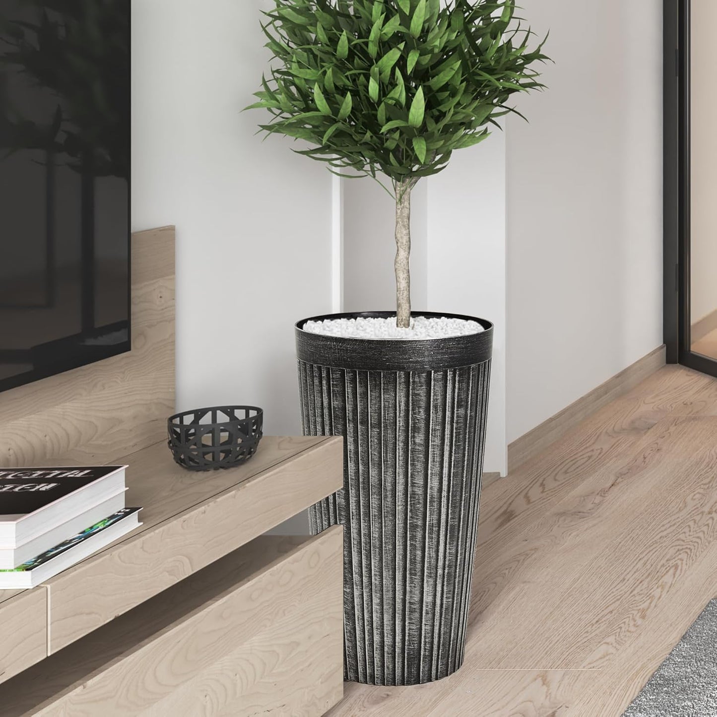 Worth Garden 22.5" H. Plastic Planters - Set of 2 Vintage Black Tall Conical Plant Pots for Indoor Outdoor Use - Decorative Lightweight Flower Pots for Front Porch, Patio, Deck - 12.5" Dia x 22.5" H