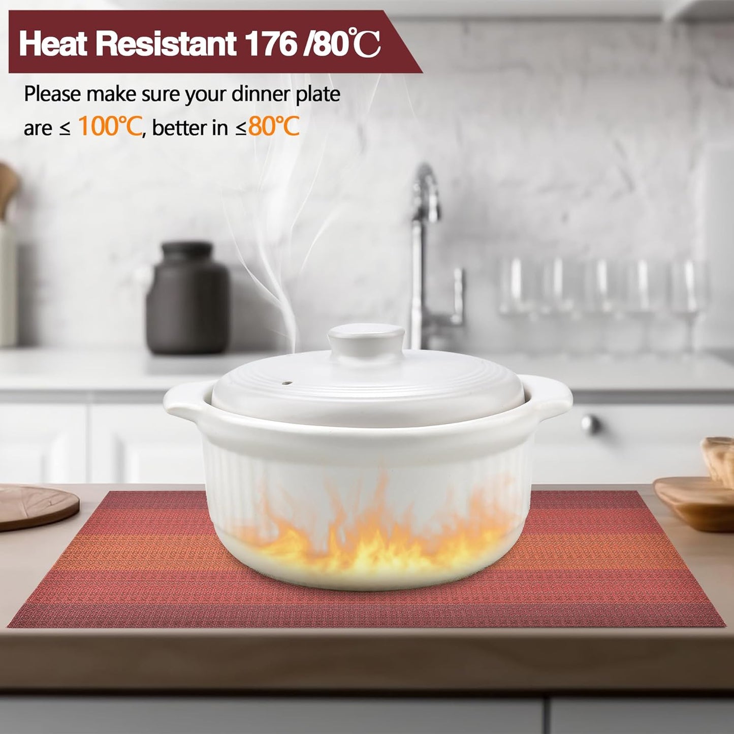 Placemats Set of 8 - Easy Clean Washable Vinyl Placemats - Wipeable Heat Resistant Table Mats for Dining Table - 17.7x11.8 Inch (8, Red Gradient)